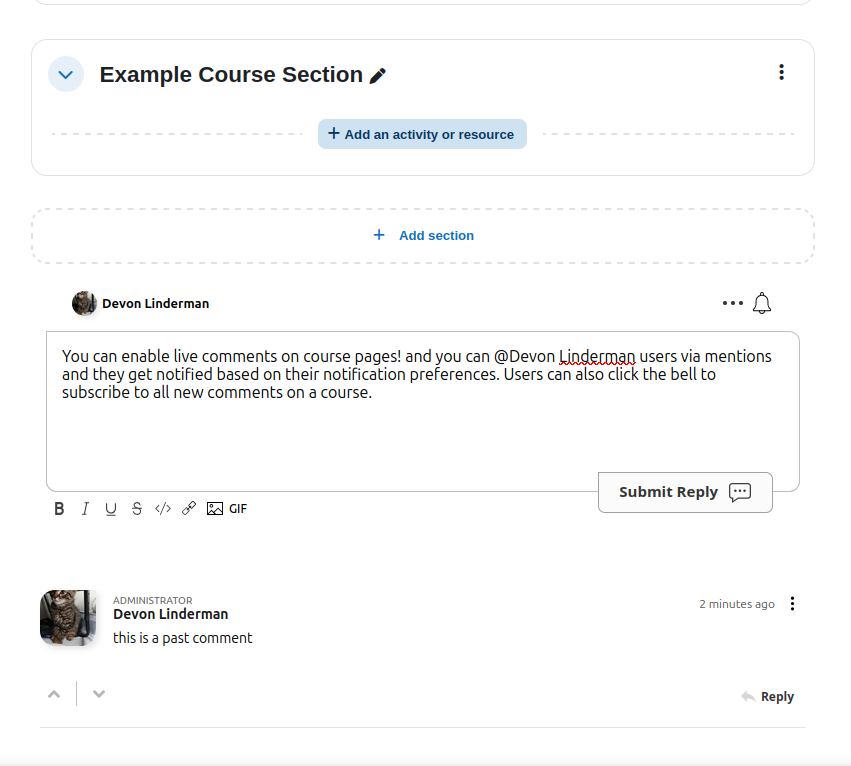 Threaded comments on an LMS course page